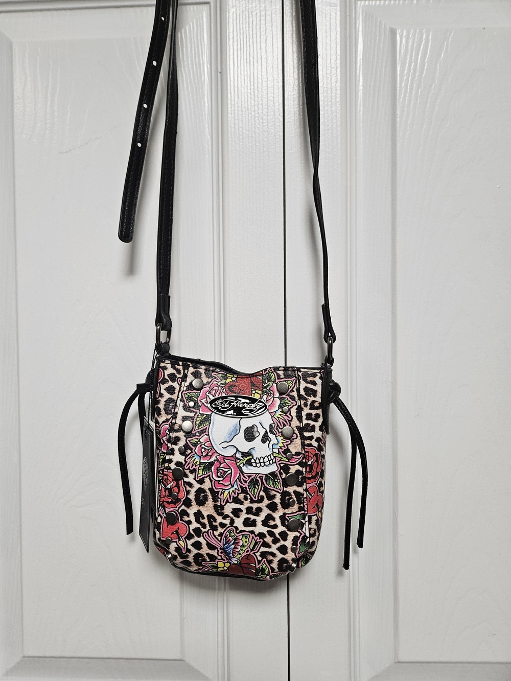 Ed Hardy Black, Pink & Beige Leopard Skull Crossbody Bag